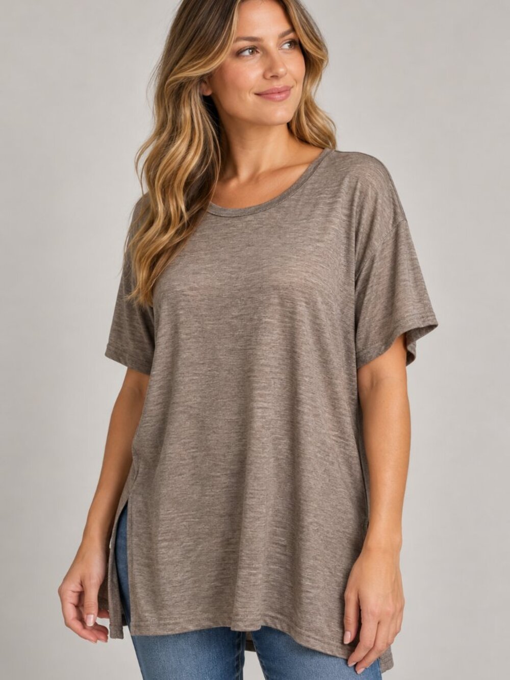 SHEIN L Brown Taupe Oversized Side Slit Tunic Top Minimalist Lounge
